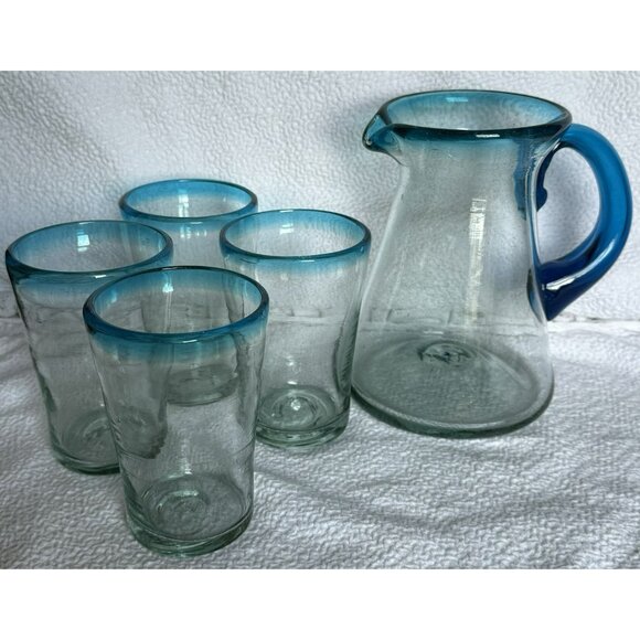 Vintage Hand Blown Cobalt Blue Art Glass Pitcher And 4 Tumblers